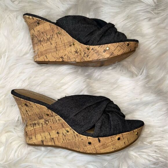 Dana Buchman Women's 7.5 Blue Denim Stud Open Toe Cork Wedge Sandals Espadrille - Picture 3 of 12